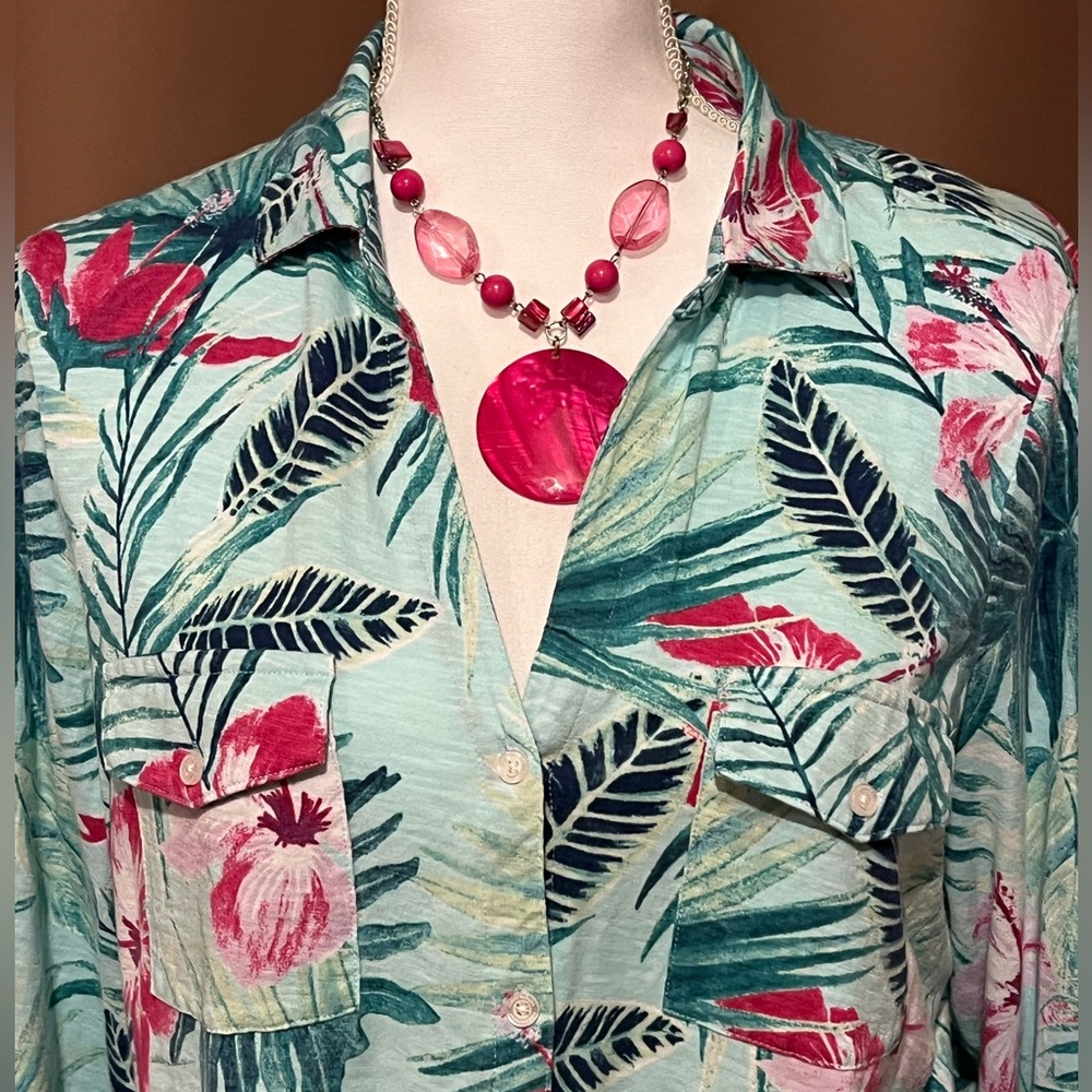 Tropical Print Button-Up Shirt - Mint & Pink
